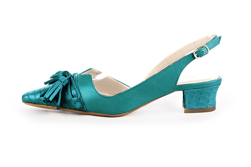 French elegance and refinement for these turquoise blue dress slingback shoes, with a knot, 
                available in many subtle leather and colour combinations. The pretty French spirit of this beautiful pump will accompany your steps nicely and comfortably.
To be personalized or not, with your materials and colors.  
                Matching clutches for parties, ceremonies and weddings.   
                You can customize these shoes to perfectly match your tastes or needs, and have a unique model.  
                Choice of leathers, colours, knots and heels. 
                Wide range of materials and shades carefully chosen.  
                Rich collection of flat, low, mid and high heels.  
                Small and large shoe sizes - Florence KOOIJMAN
